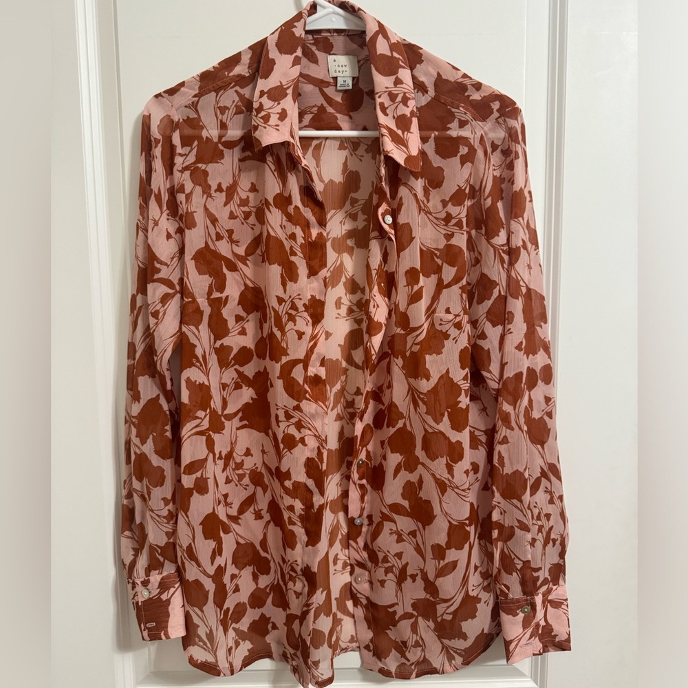 Burnt Orange & pink button down - M
